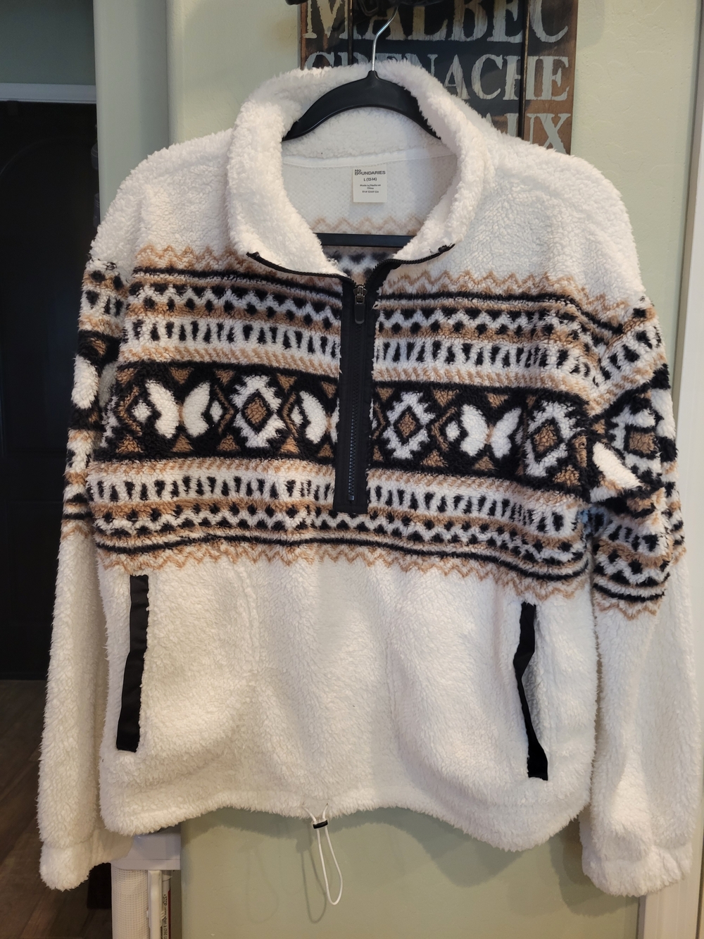 Cream Faux Sherpa Half-Zip Pullover with Black & Brown Geometric Band